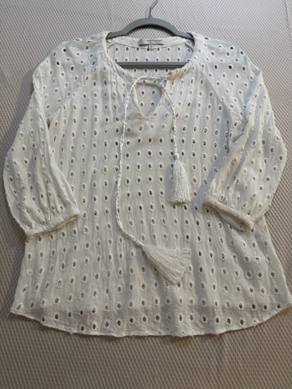 Lavender Brown White Eyelet Blouse Boho Cottagecore Peasant Top Tassel Tie Small